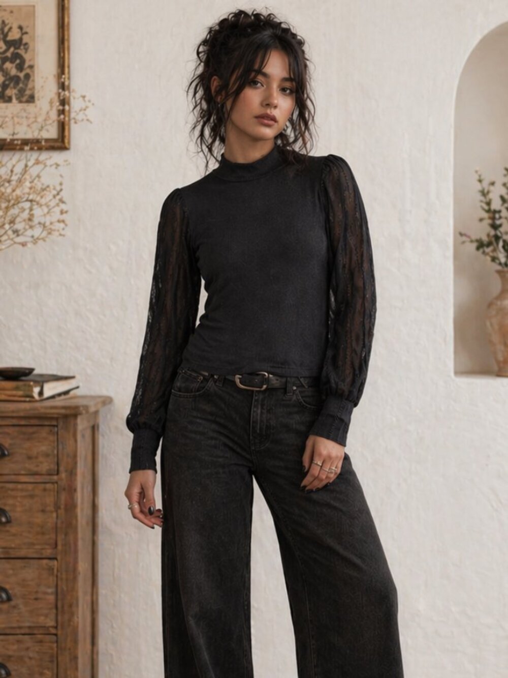 Heartloom Blouse M Ribbed Knit High Neck Sheer Sleeves Cozy Witchy Chic
